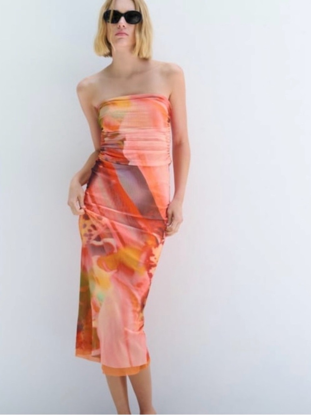 Zara Strapless Sunset Abstract Midi Dress